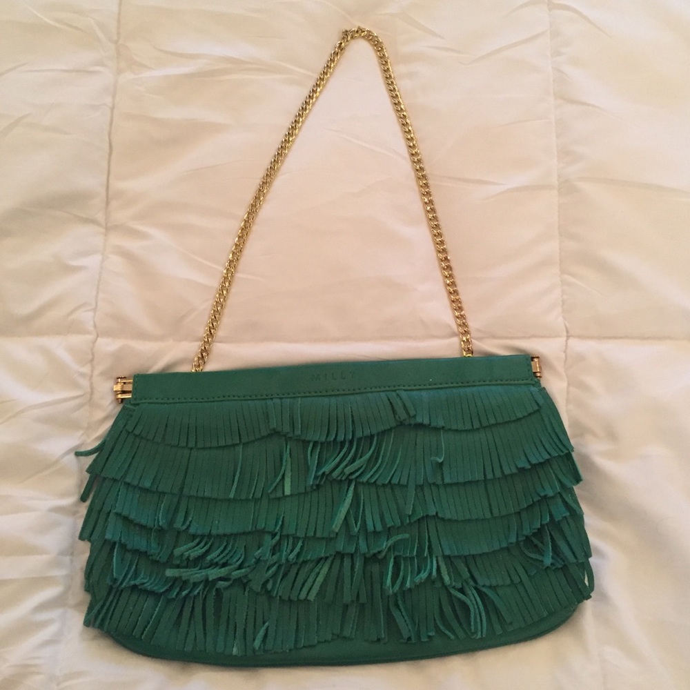 Milly Leather fringe purse with gold chain